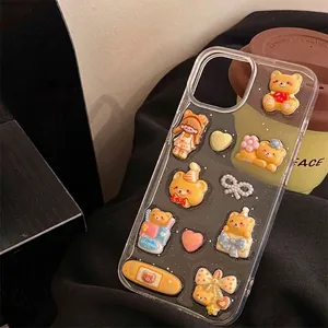 Cute 3D resin bear and girl bow charms on clear glitter phone case for iPhone 15 Pro Max