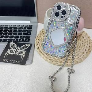 Glitter iPhone case with square mirror and silver heart bead chain detail