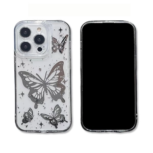 Clear iPhone case with electroplated silver butterfly pattern and fine lens protection