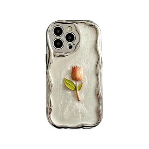 Silver plated wavy iPhone case featuring a 3D tulip and pearl white backplate