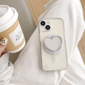 Transparent iPhone case with heart-shaped rhinestone MagSafe mirror phone stand