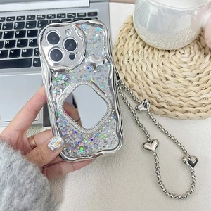 Luxury Silver Glitter Mirror Heart Chain Case For iPhone 17 16 15 Pro Max TPU Rhinestone Wave Edge Shockproof Cover Women