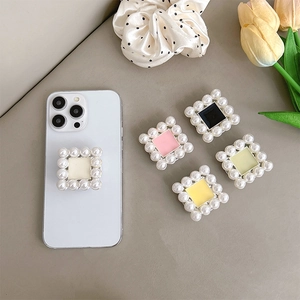 Phone Grip Square Retractable Stand Alloy Imitation Artificial Pearl Inlay Elegant Mobile Phone Holder For Desktop Back Paste