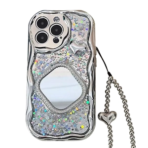 Luxury silver glitter phone case for iPhone with square mirror and heart bead strap.