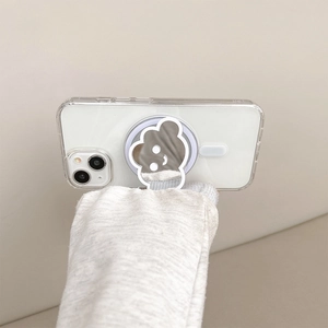Cute cloud-shaped mirror phone grip holder on transparent silicone case held by hand
