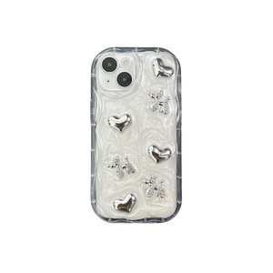 Custodia iPhone epossidica bianca glitterata con cuori 3D argento e decoro cane
