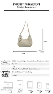 Grand sac demi-lune en nylon 35cm x 28cm montrant les dimensions et la bandoulière
