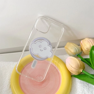 Macro detail of transparent phone case featuring a cute cloud magnetic phone holder