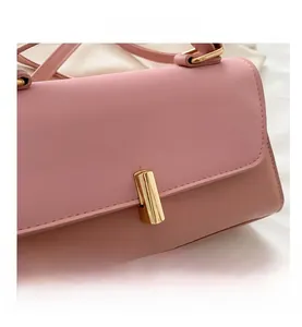Macro shot of minimalist gold pillar lock on light pink matte leather handbag