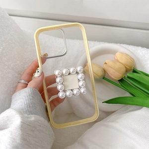 Elegant phone case with luxury square pearl grip stand and yellow borders for smartphone