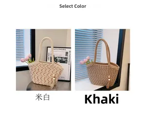 Detailed comparison of hand-woven cotton rope bucket bags in cream white and khaki colors