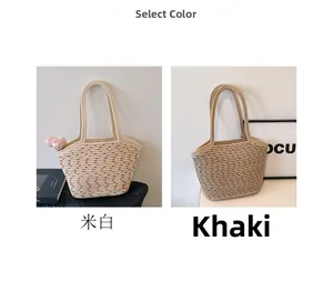 Detail view of woven contrast tote bags in cream red and khaki black polka dot patterns