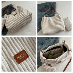 Detailed views of white corduroy tote bag showing large capacity and small pouch