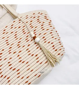 Detail of woven tote bag featuring brown dot patterns and a wooden bead tassel