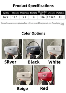 Tableau des tailles et cinq coloris du petit sac à main en cuir PU pour femme
