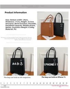 Detailed size specs for large PU leather tote bag fitting A4 magazines and gadgets