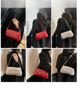Multi-angle view of glossy patent leather shoulder bags with gold horsebit hardware