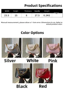 Infographic showing dimensions and multi-color options for the metallic bow shoulder bag