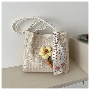 Sac Fourre-Tout En Paille Tissée Femmes Grande Capacité Vacances À La Plage Sac À Main Épaule Avec Fleur Et Foulard