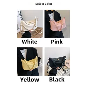 Collage of leather bucket bags in white, pink, yellow, and black with twist locks