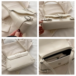 Vues détaillées du sac sous le bras blanc crème avec boucle argentée et intérieur