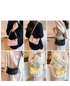 Litchi texture pillow bag shown in pink, black, and yellow worn as crossbody and handbag