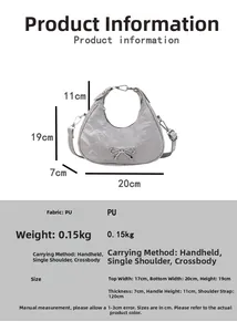 Detailed view of silver bow-knot handbag dimensions and premium wrinkled PU leather texture