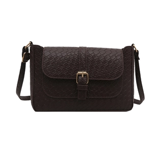 Deep brown woven PU leather shoulder bag with gold buckle and adjustable strap