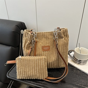 Corduroy Tote Handbag And Small Zip Pouch Vertical Striped Metal Chain Strap Casual Shoulder Bag Women
