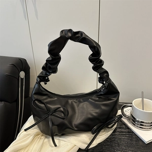 Black cloud bag with pleated bow handle and crescent moon shape for women