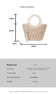 Size chart showing dimensions and material details for the woven bucket handbag