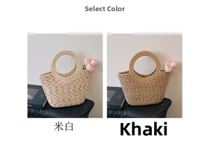 Detailed comparison of woven bucket bags in off-white and khaki with polka dots