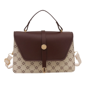Elegant two-tone brown and beige monogram trapezoid handbag with gold buckle