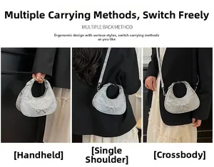 Detailed view of silver crescent bag showing handbag, shoulder, and crossbody styles