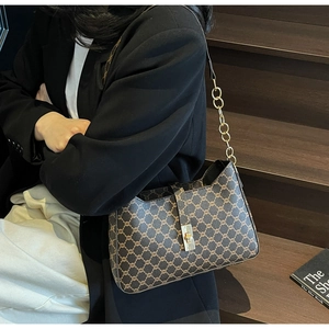 Dettaglio borsa monogramma marrone con tracolla a catena dorata e fibbia quadrata