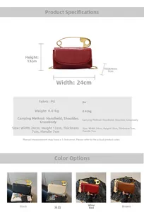 Detail view of red PU leather bag with large golden safety pin handle and size specs