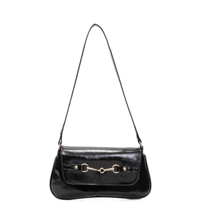 Classic black baguette shoulder bag with glossy finish and gold horsebit buckle