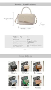 Detailed size chart for retro PU handbag showing 21x13x7cm dimensions and six color options