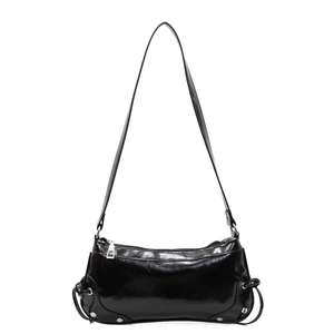 Glossy black retro baguette shoulder bag with silver hardware and adjustable straps