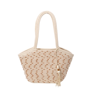 Handwoven cream cotton tote bag with brown stitching and decorative wood bead tassel