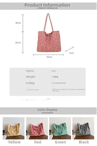 Size chart and dimensions for the plaid nylon tote bag with large capacity and bow detail
