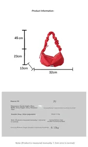 Detailed size chart for red PU dumpling bag showing dimensions 32x23x13cm and 120cm strap