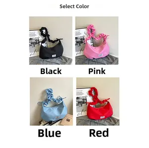 Collage showing shiny nylon shoulder bags in black, pink, blue, and red with ruffled straps
