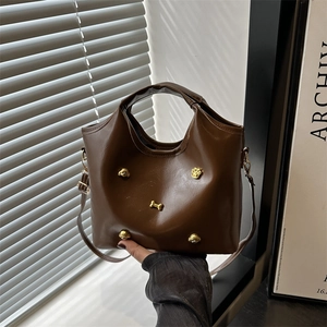 Women Fashion Glossy PU Leather Tote Bag Cute Dog Bone Paw Metal Decor Large Capacity Commuter Shoulder Crossbody Bag Handbag
