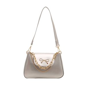 Silver matte shoulder bag with gold chain and bow decoration for women's fashion