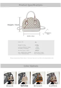 Detailed dimension guide and color options for the vintage shell-shaped crossbody bag