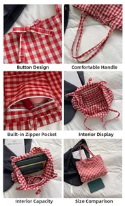 Detail view of red and white plaid tote bag featuring bow accents and large capacity