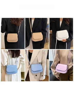 Multiple views showing a soft faux leather crossbody flap bag in pastel color options