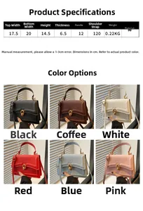 Detailed size chart and dimensions of the PU leather flap crossbody handbag with six colors