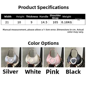 Size chart showing 21x10x9cm dimensions for lace heart crescent PU leather handbag